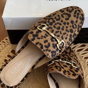 Alfani Leopard-Print (genuine calf hair upper) Slip-On Mules with Gold Buckle
